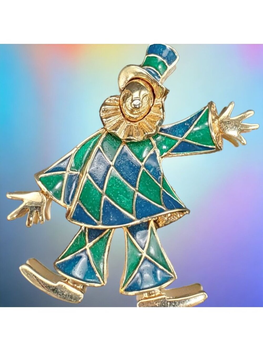 Clown Jester Brooch Pin Gold Tone Blue Green Enamel Vintage Costume Jewelry